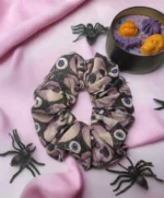 Χειροποίητο Halloween scrunchies μωβ με νεκροκεφαλές